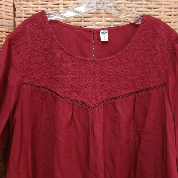 Maroon Old Navy Xl Peasant Top Elastic Cuffs Battenburg Look Bodice Boho Career - Picture 5 of 8